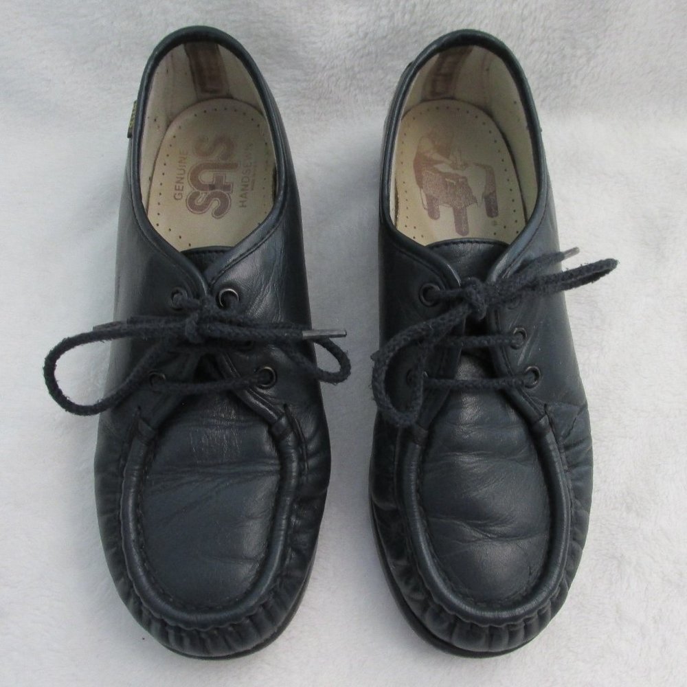 SAS Siesta Hand Sewn Navy Blue Moccasin Leather Platform Tie-up Shoes 6.5Wide